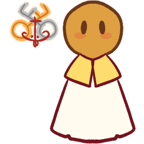 the crossed keys of Roman Catholicism; to the right is a yellow figure, wearing a white alb and yellow pellegrina.